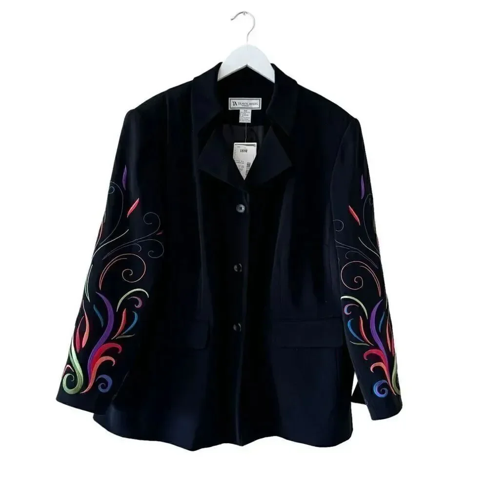 Travis Ayers 2 Piece Black Embroidered Tailored Jacket Skirt Suit Plus SZ 18W